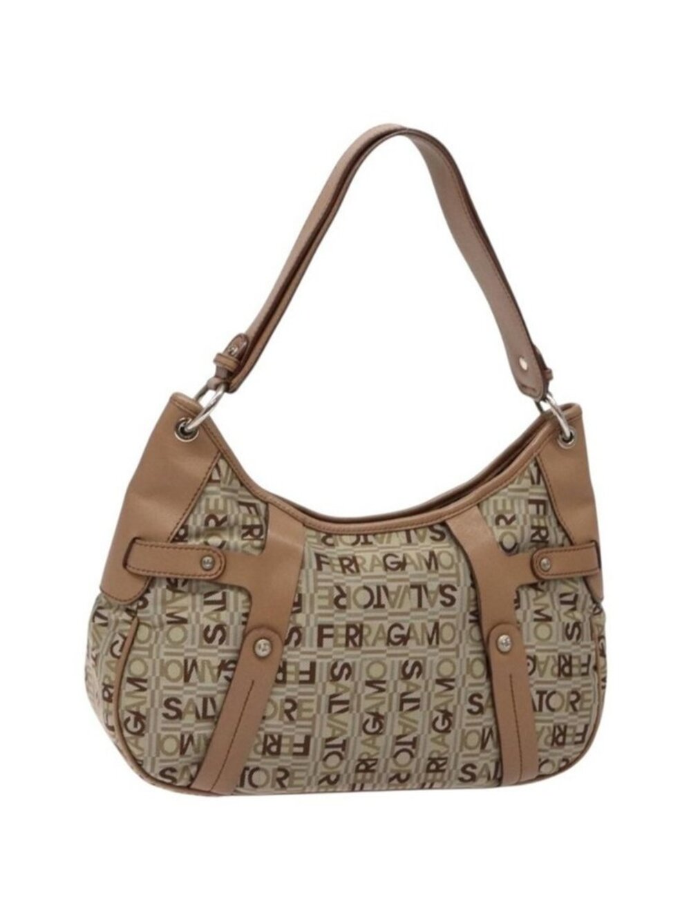 Authentic Salvatore Ferragamo Shoulder Bag Canvas Leather Beige Silver